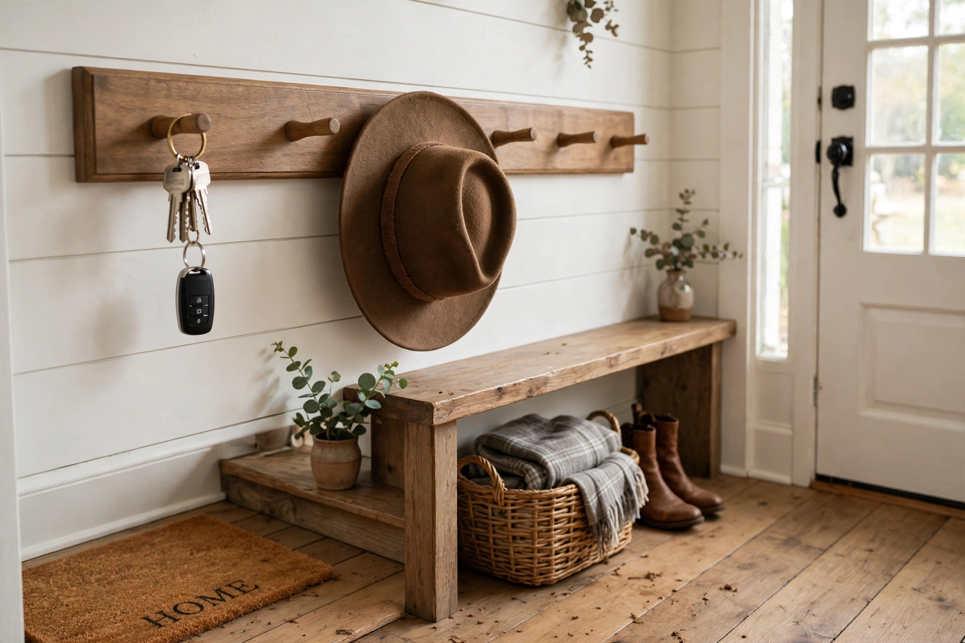 Shaker style wooden peg rail holding keys and hats in an entryway