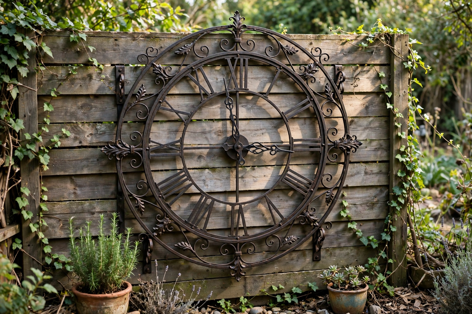 Oversized wrought iron outdoor clock mounted on a backyard fence