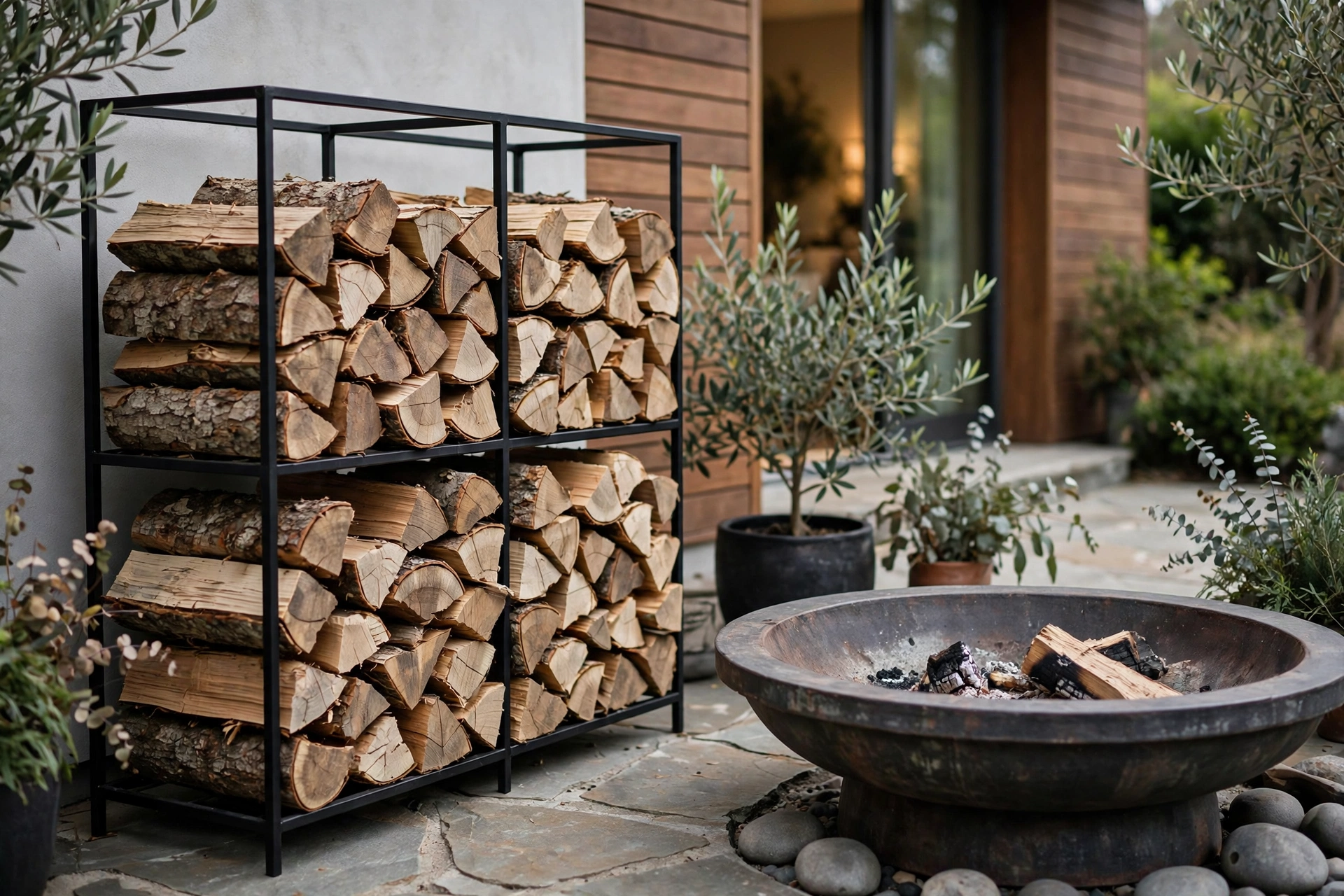 Neatly stacked firewood in a metal log rack beside a fire pit