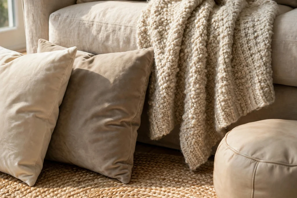 Close-up of layered textures: linen sofa, velvet cushions, wool throw and jute rug