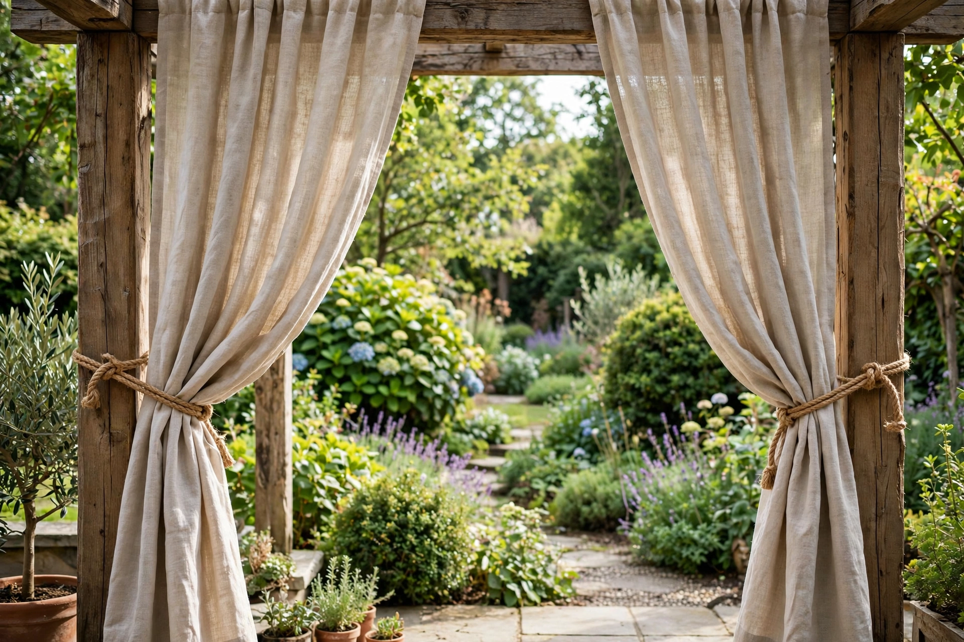 Outdoor curtains tied back with rope to wooden posts framing a view