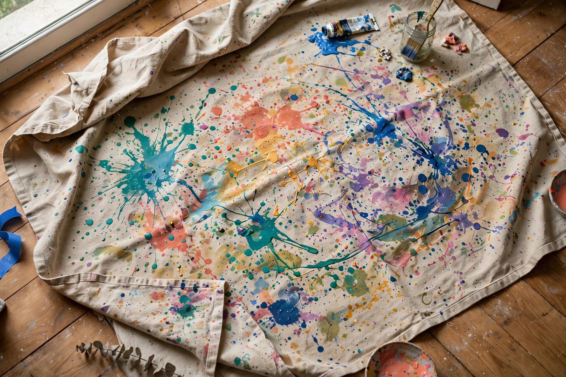 Canvas drop cloth with paint splatters protecting a studio floor