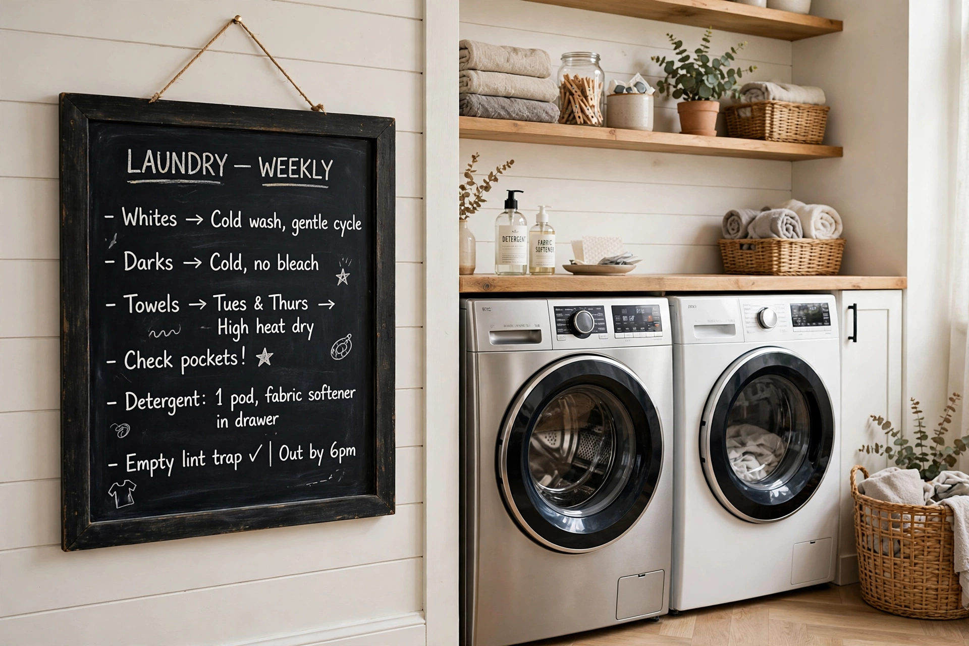 Framed chalkboard with laundry notes hanging beside washing machines
