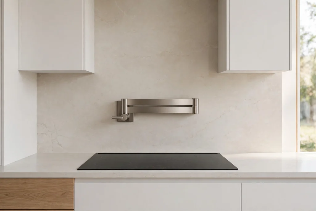 Slim single-joint pot filler folded flat against a minimalist kitchen wall