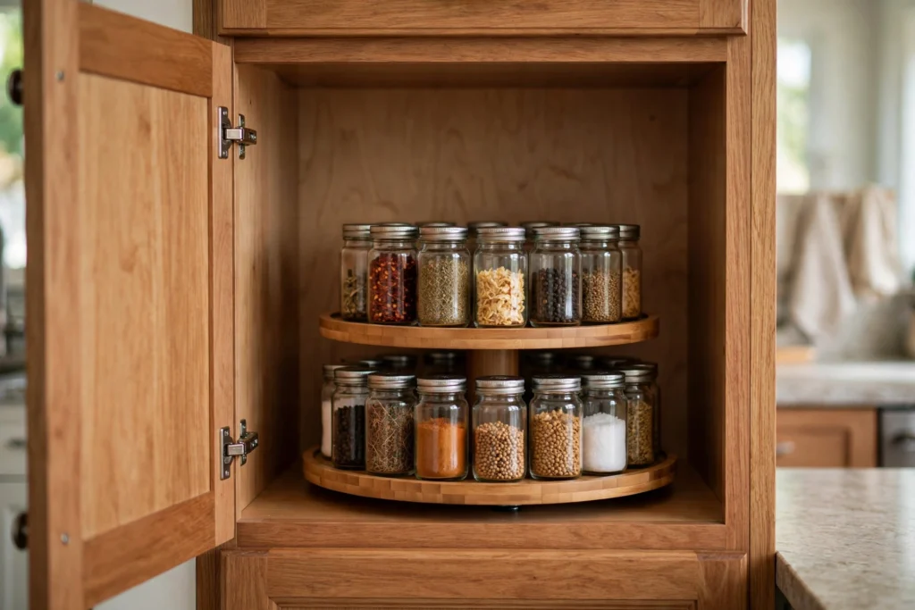 Two-tier lazy Susan turntable with spice jars inside a kitchen cabinet