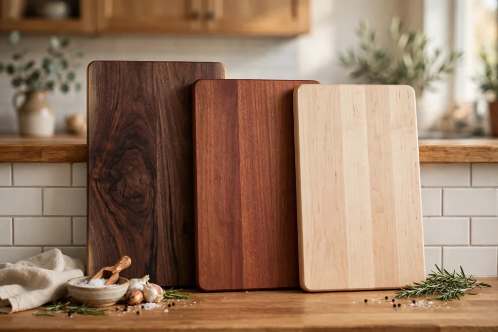 Assorted walnut, cherry, and maple cutting boards showing varied wood grains