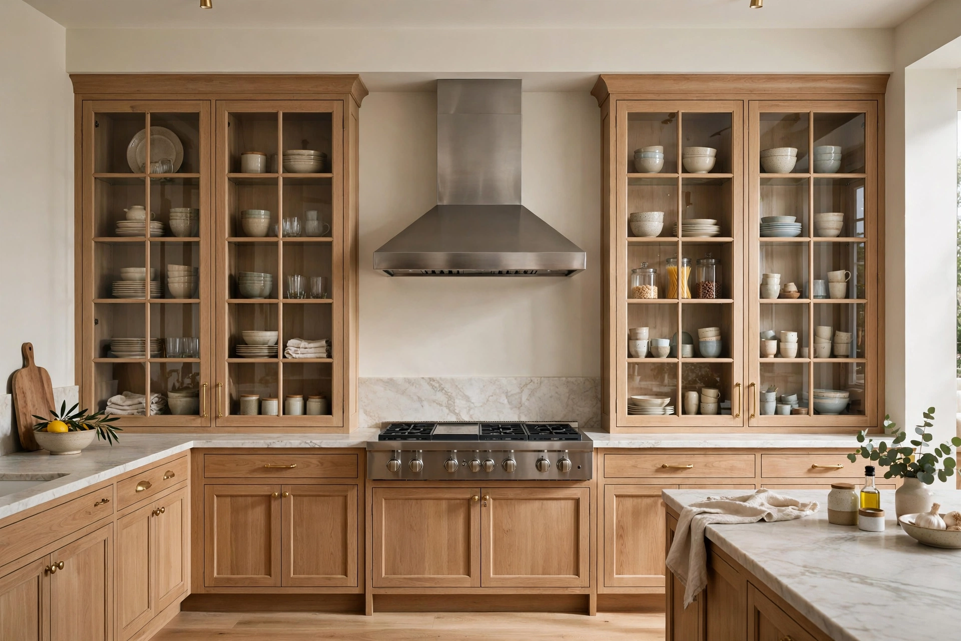 One wall of glass-front cabinets flanking a range hood as a kitchen focal point