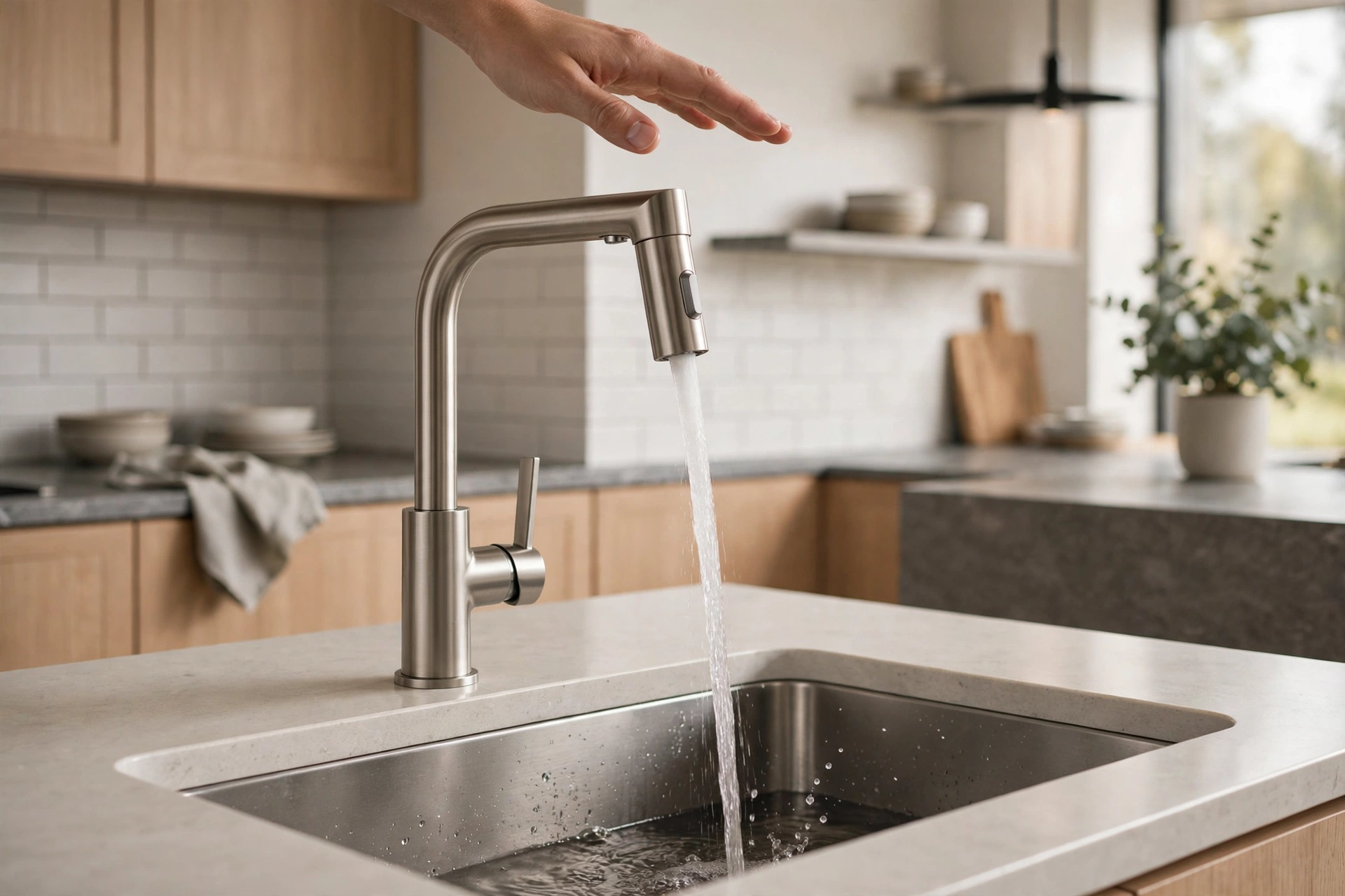 Hands-free touchless faucet activated by a wave above the kitchen sink