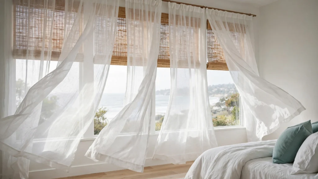 Sheer white linen curtains glowing with daylight in a coastal bedroom