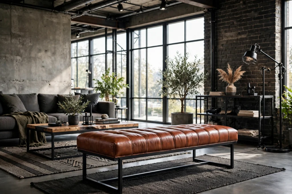 Cognac leather bench in modern living room with industrial accents
