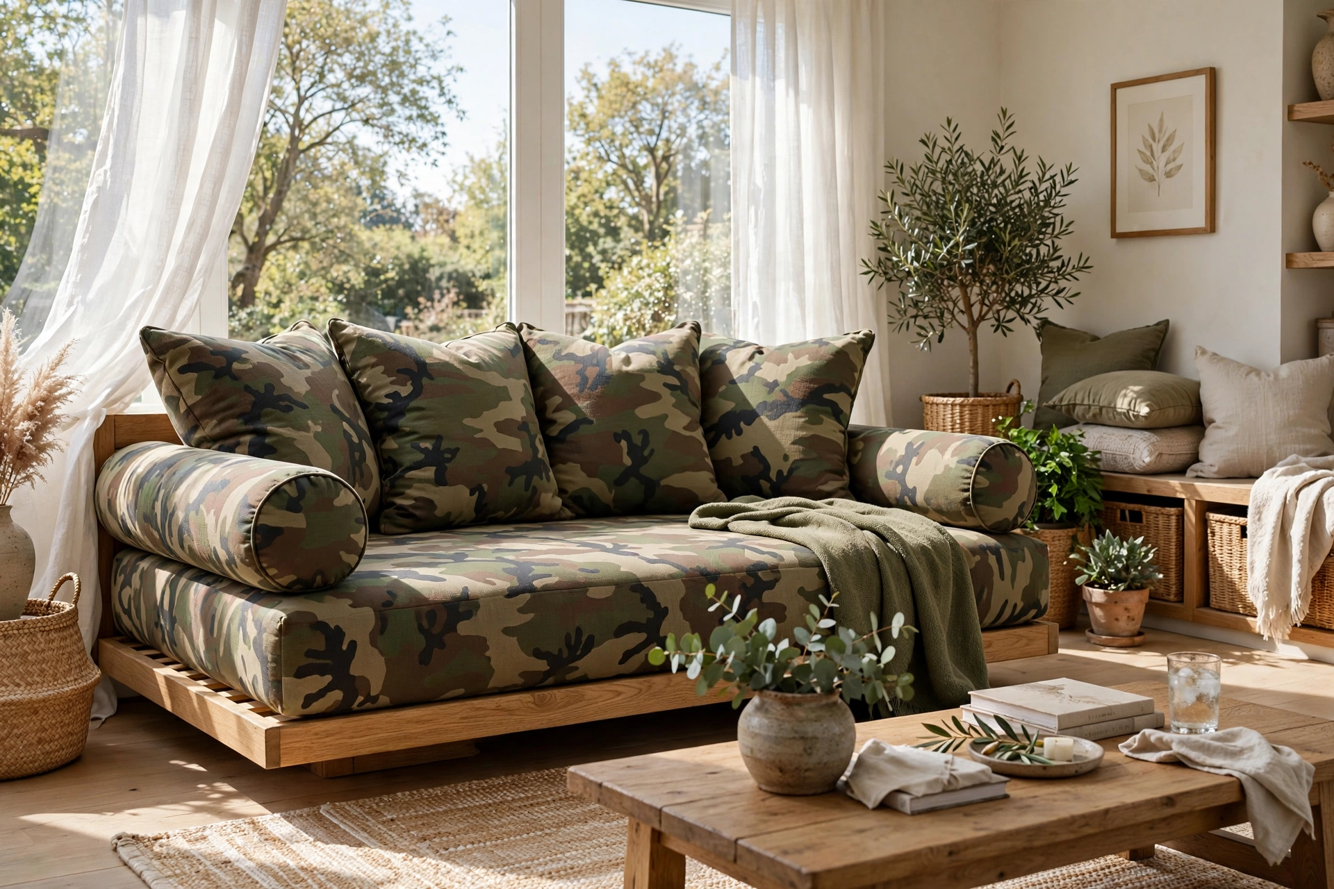 Daybed styled with large back pillows to look like deep sofa