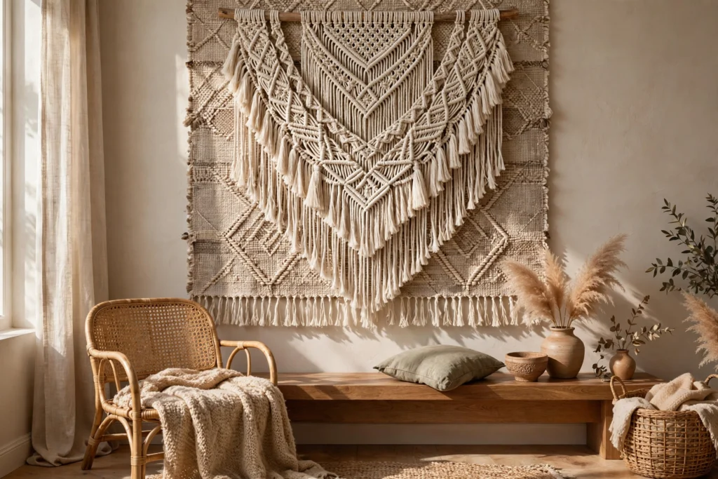 Macrame wall hanging layered over neutral woven tapestry