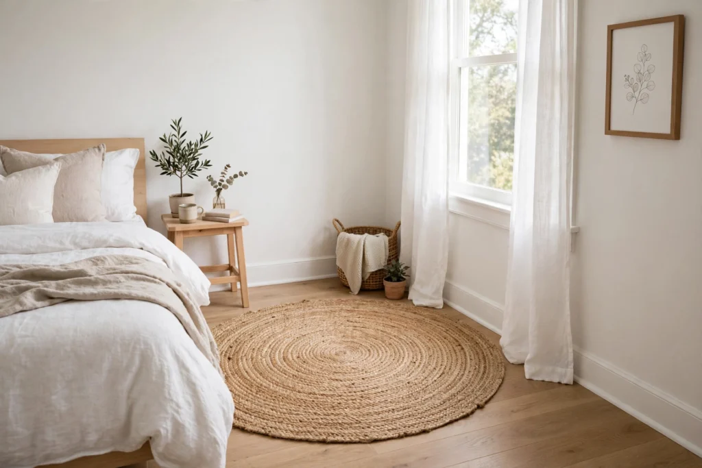 Round jute rug softening the corner of a small bright bedroom