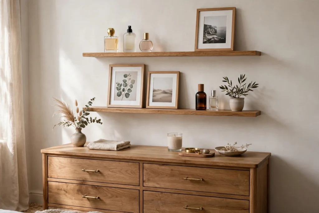 Two floating shelves with perfume bottles and photos above a wooden dresser