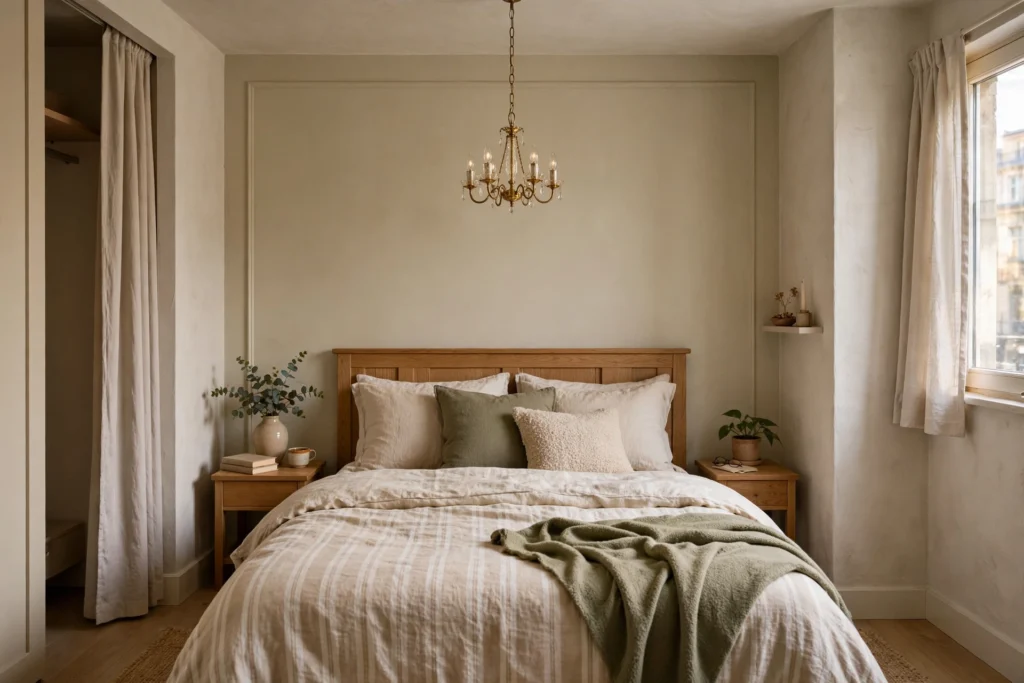 Small mini chandelier centered over a bed in a compact apartment bedroom