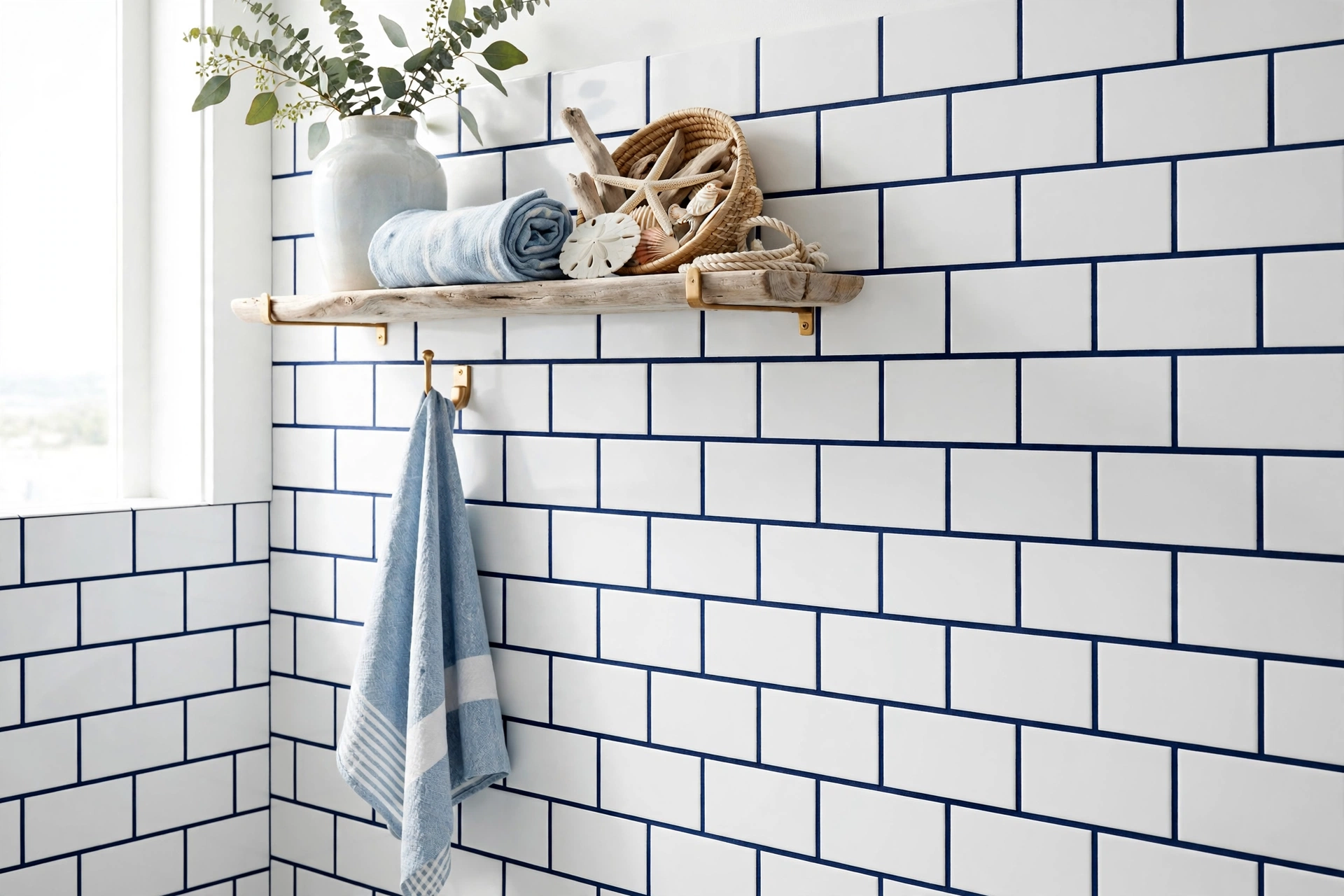 White bathroom tile with navy blue grout lines for coastal style