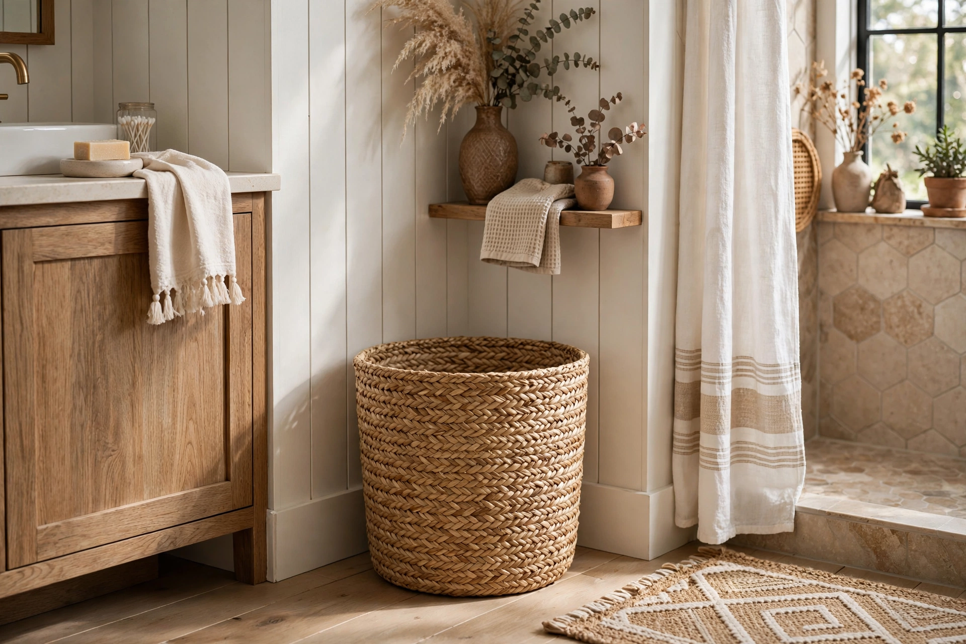 Woven seagrass wastebasket adding texture to a boho farmhouse bathroom corner