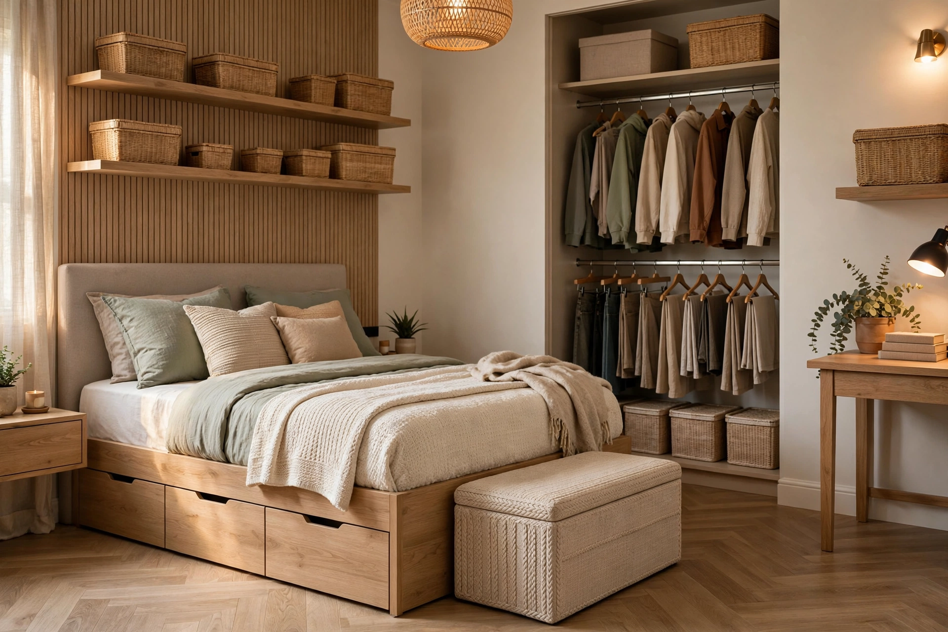 Tidy teen bedroom with under-bed drawers, storage ottoman and baskets on floating shelves