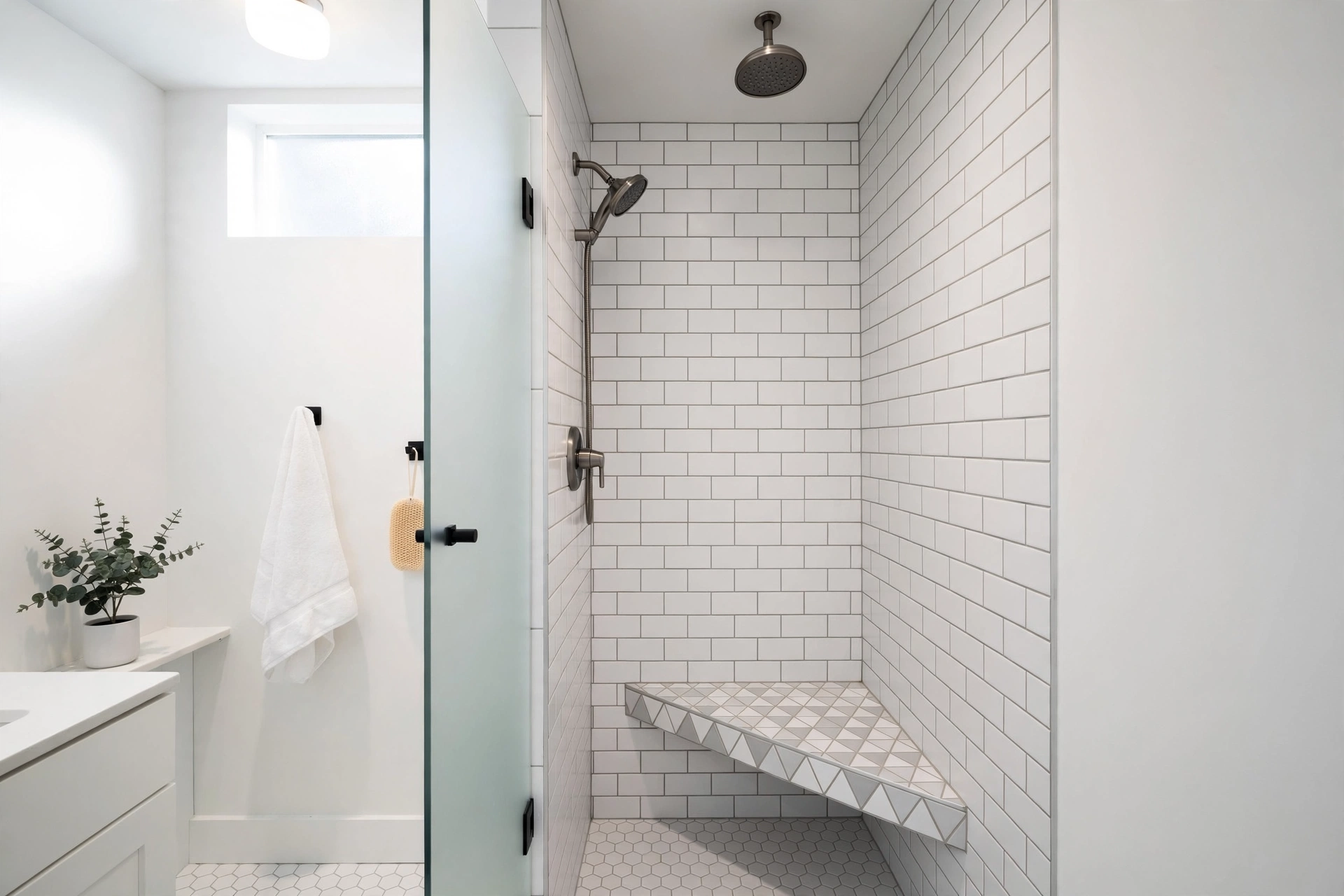 Triangular tiled corner shower bench in a small white bathroom