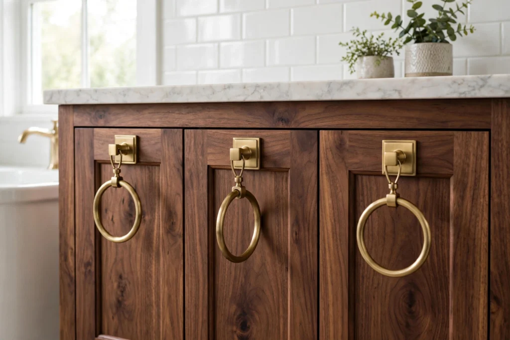 Brushed brass ring pulls hanging from backplates on a walnut bathroom vanity