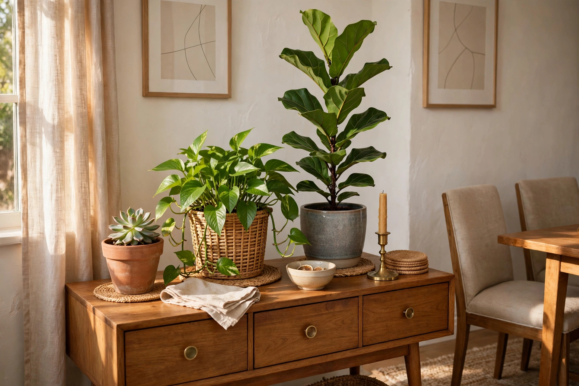 Three houseplants of different heights styled together on a dining room buffet