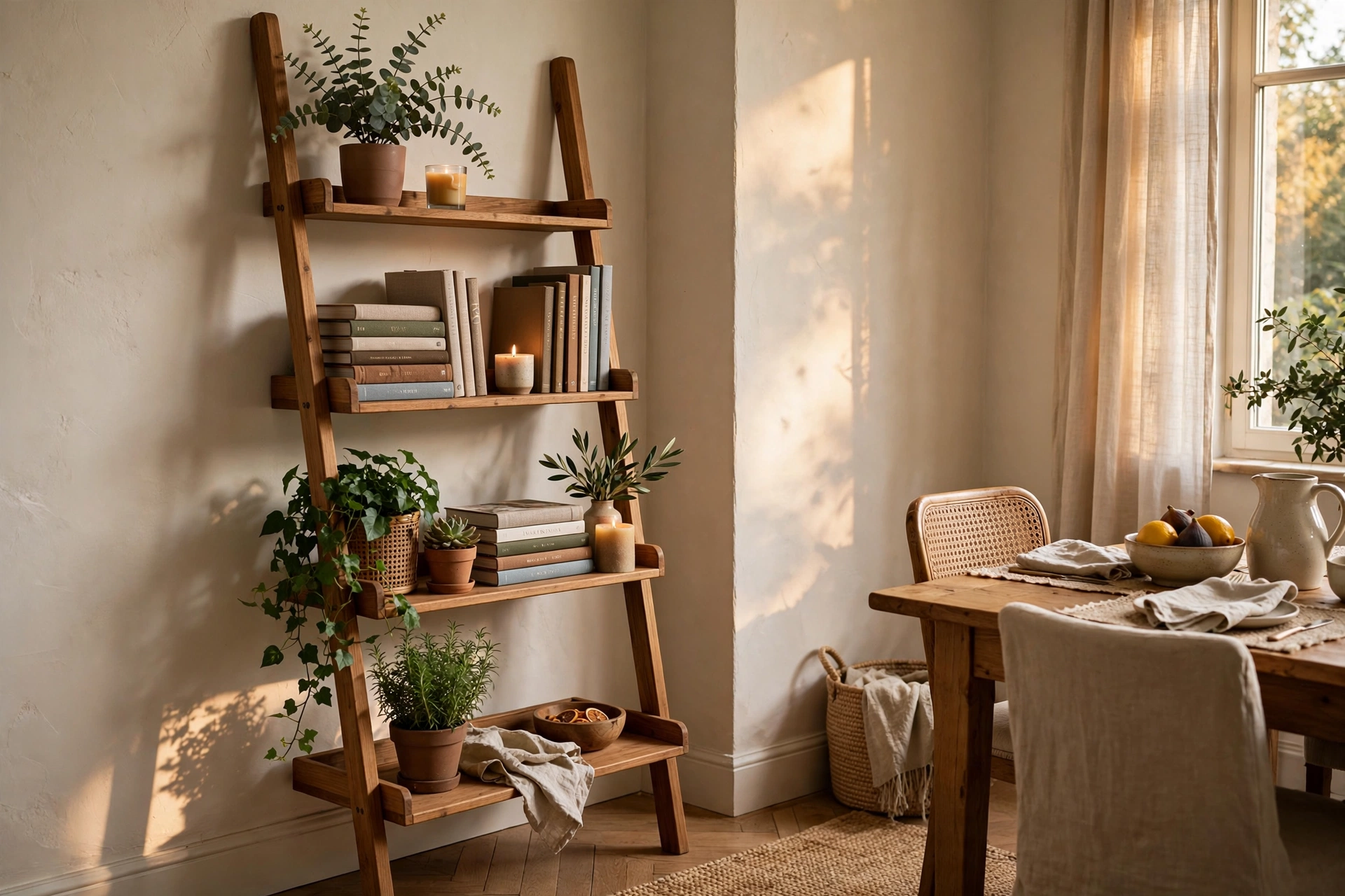 Wooden leaning ladder shelf styled with cookbooks, candles, and plants in a corner