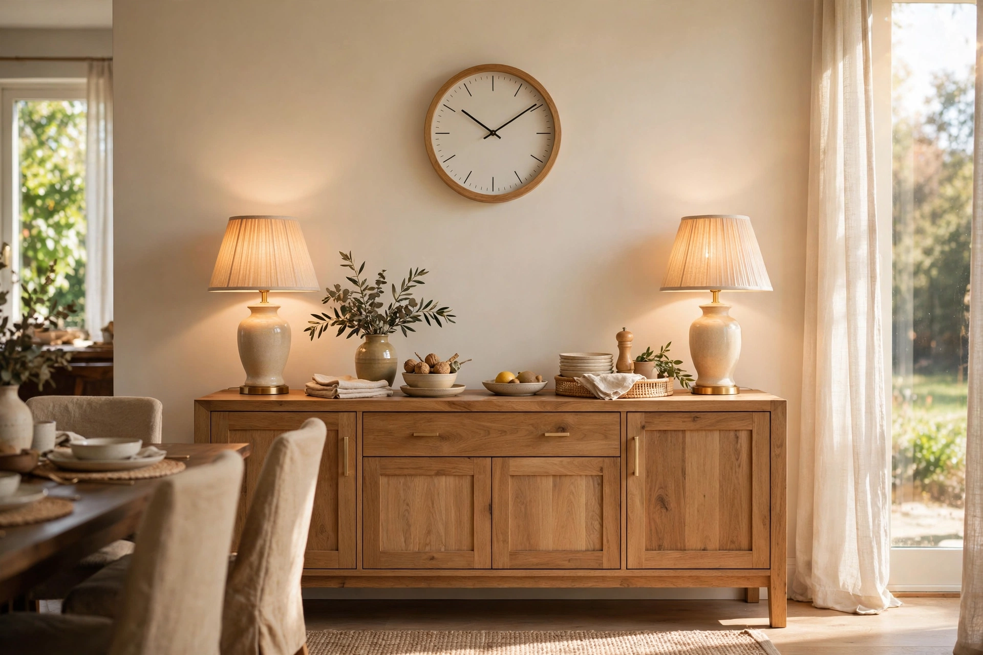 Wall clock centered above a styled sideboard with matching table lamps