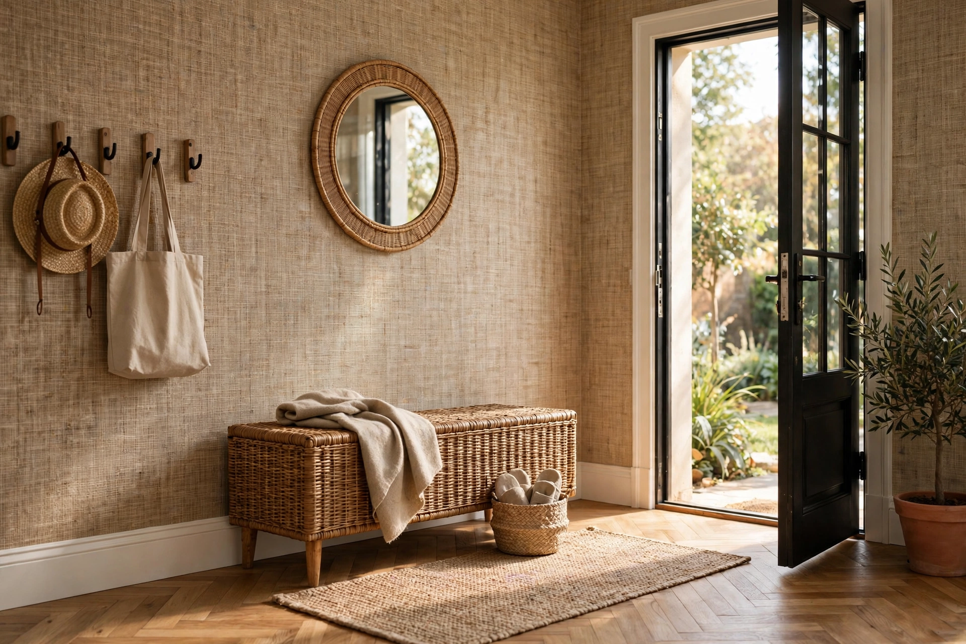 Entryway with textured natural grasscloth wallpaper and a woven bench