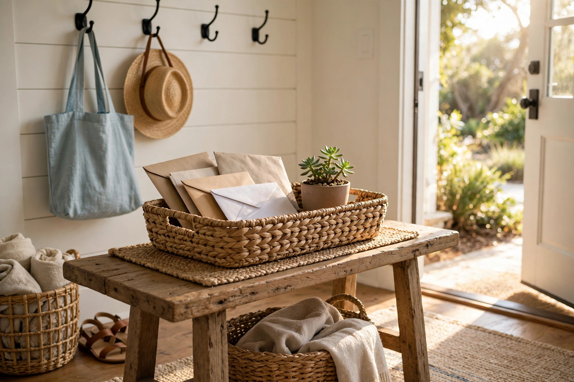 Woven seagrass tray with mail and a small plant in a coastal entryway