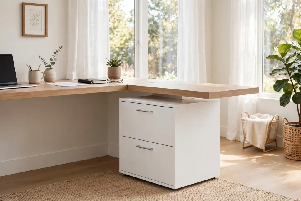 White two-drawer file cabinet under a floating desk as a desk return