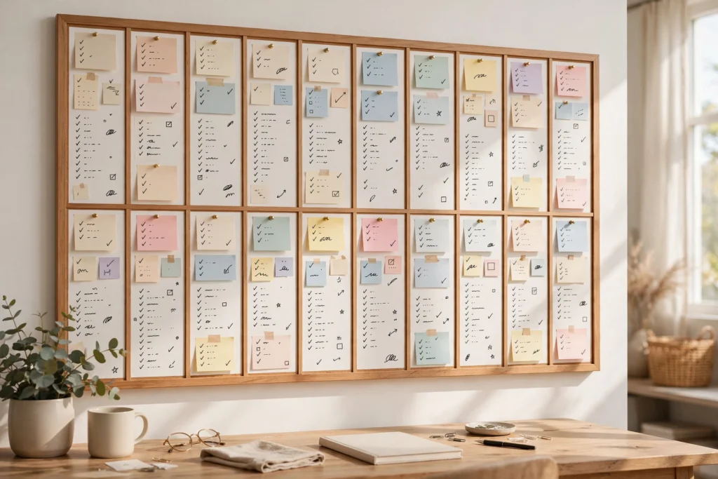 Yearly goal board divided into twelve monthly columns with handwritten targets in a home office
