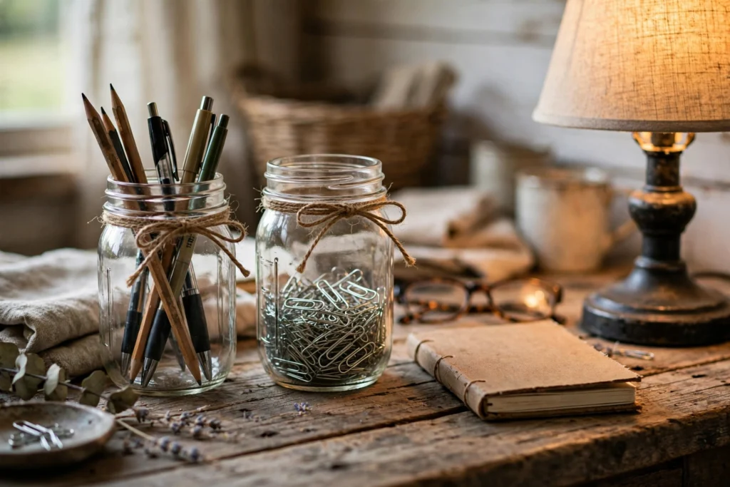 Mason jar desk organizers with pens on a reclaimed wood desk