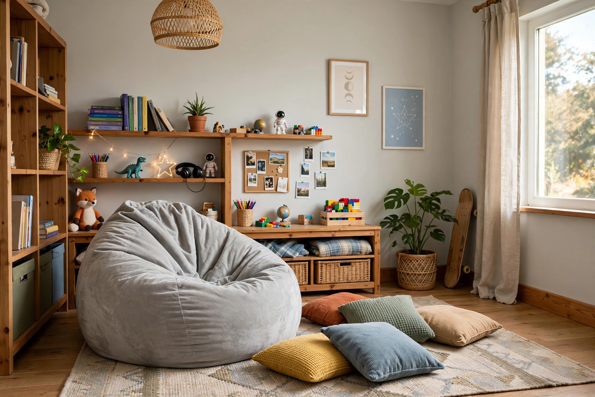 Hangout corner with oversized bean bag, floor cushions, and rug in a preteen bedroom