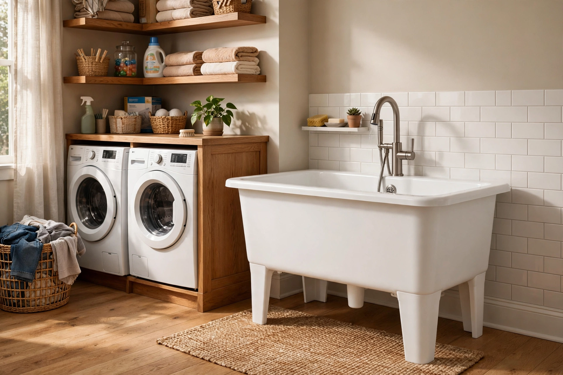 Freestanding white thermoplastic utility tub with built-in legs in a laundry corner