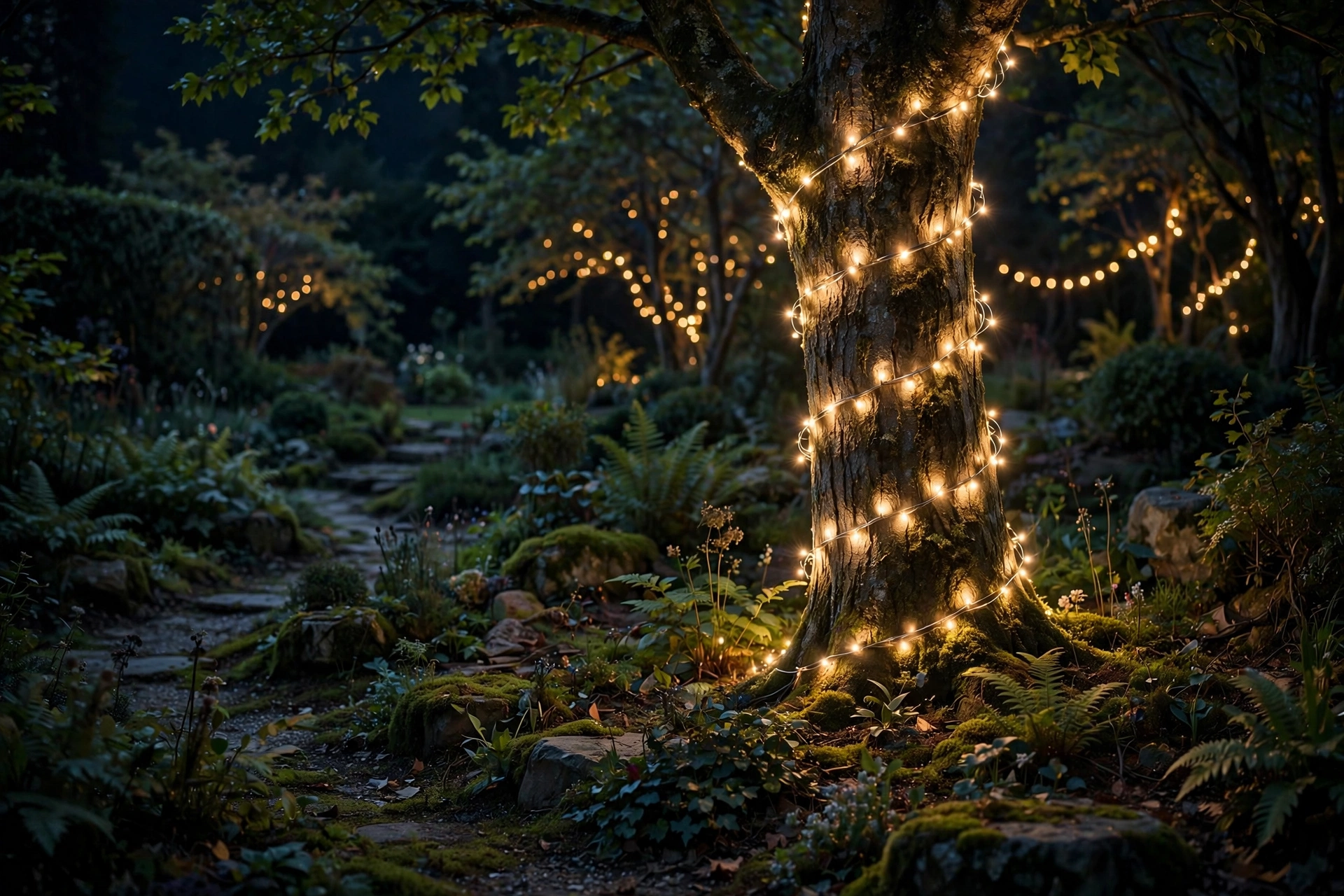 Fairy string lights spiraled around a tree trunk in a dark garden