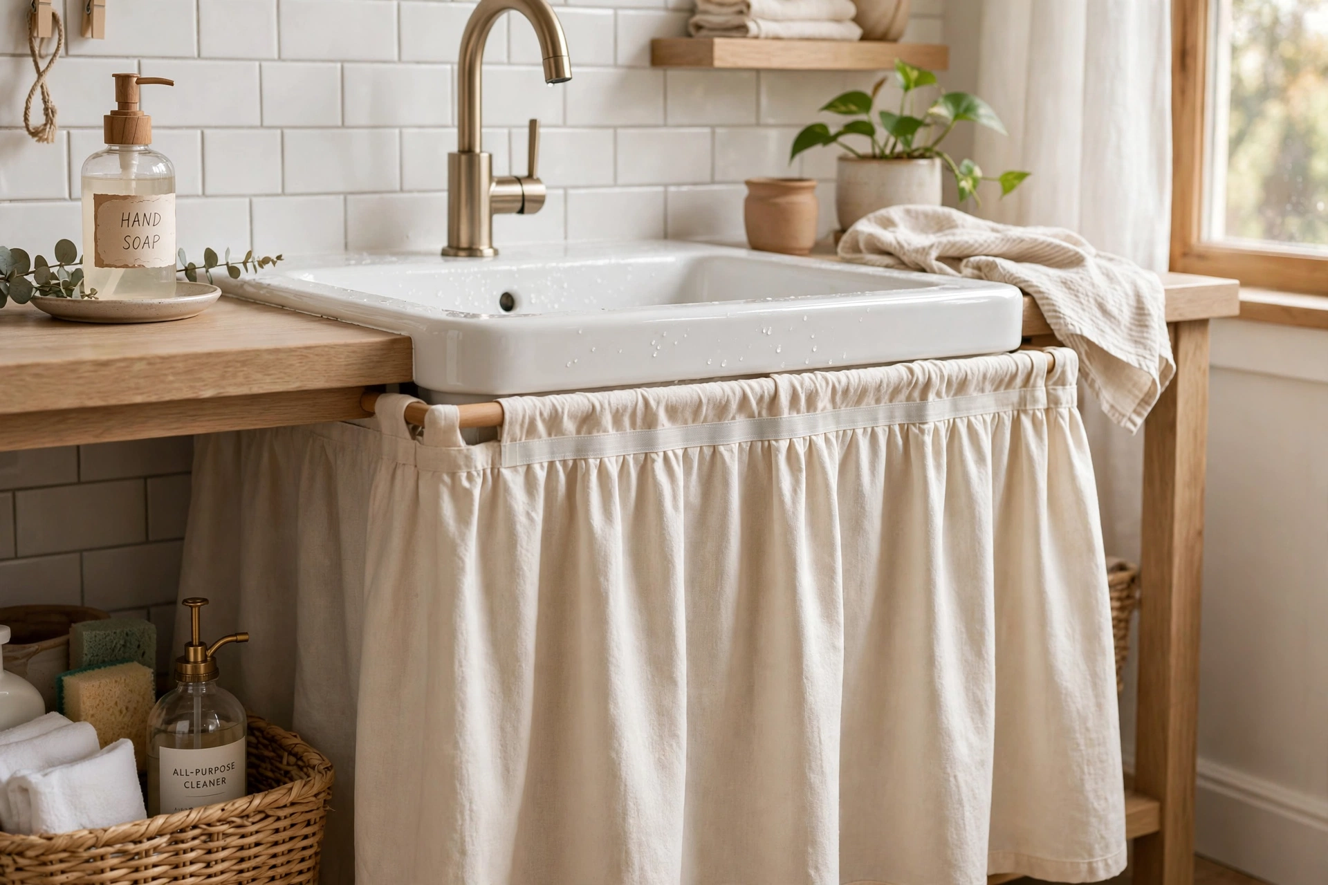 No-sew sink skirt with fusible hem tape and a rod pocket in light cotton fabric