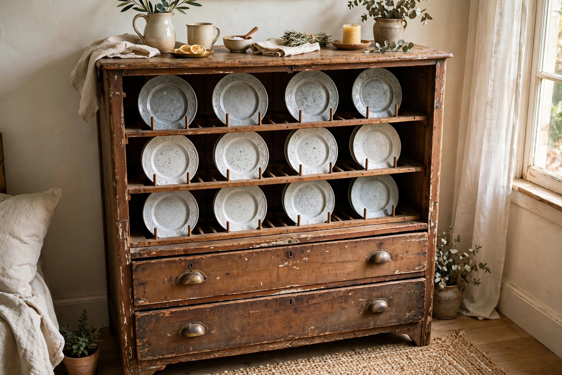 Vintage wooden dresser repurposed as a plate rack with upright ironstone plates on shelves