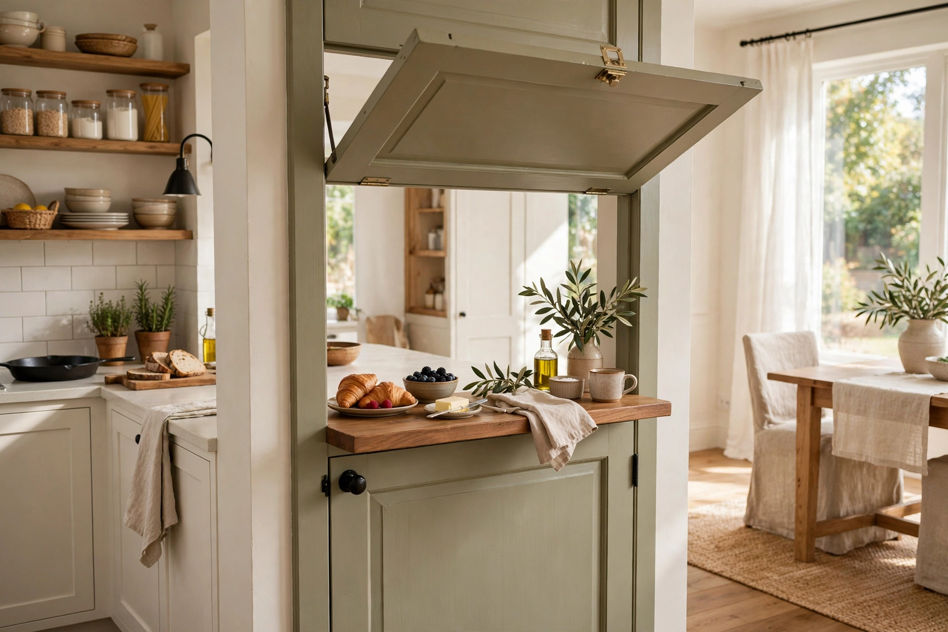 Dutch-door style pass-through with the top half open for conversation and serving