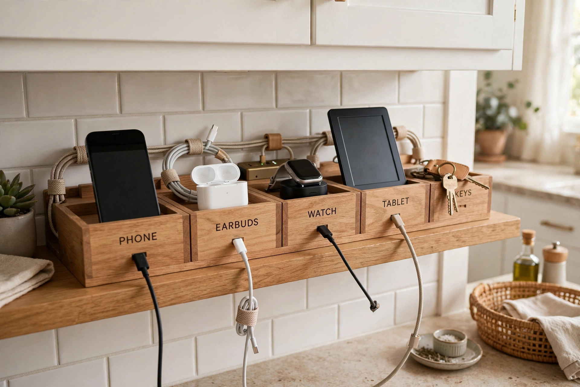 Kitchen charging station hub with labeled spots and tidy cable management on a shelf