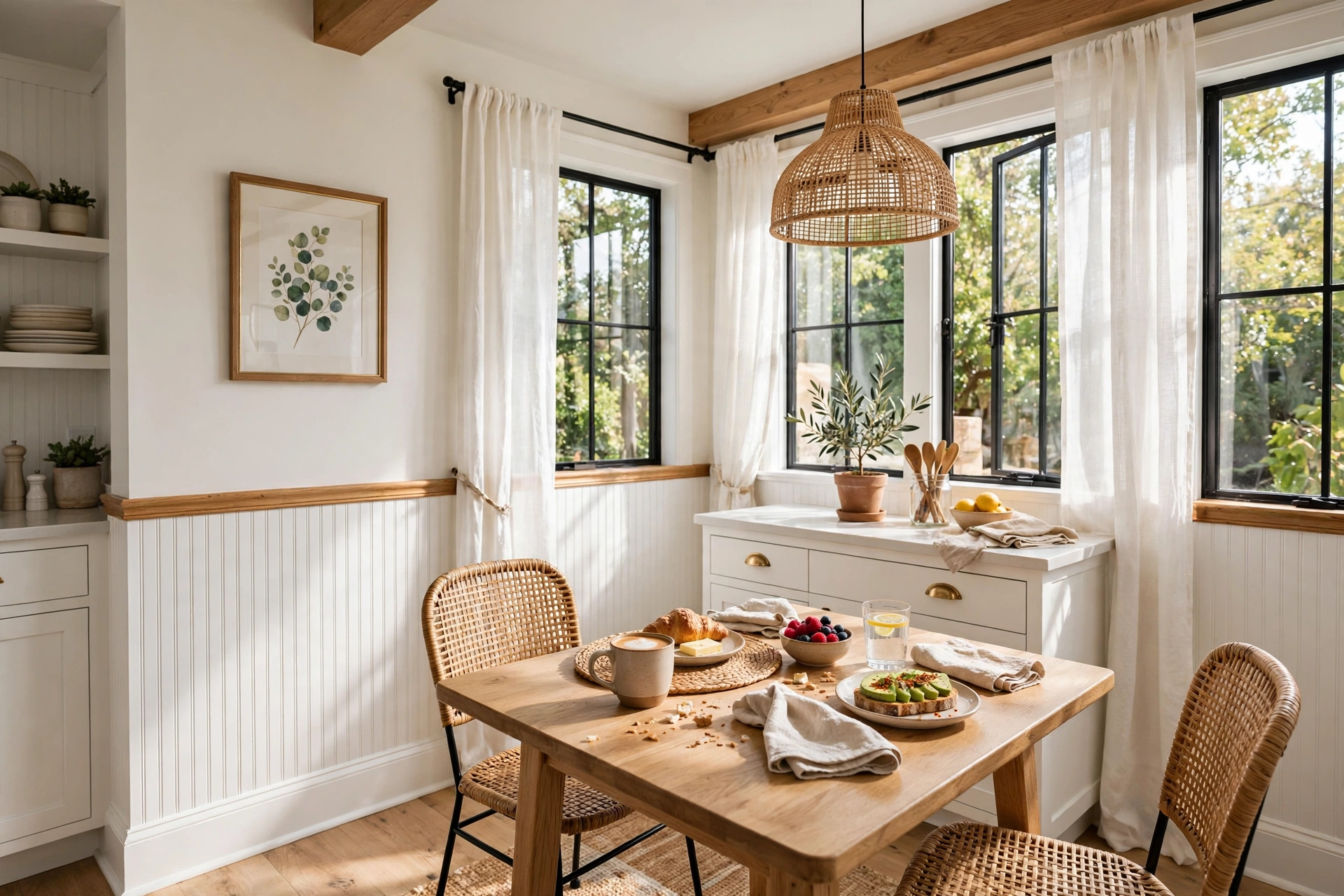 Beadboard wainscoting with chair rail in a bright eat-in kitchen breakfast area
