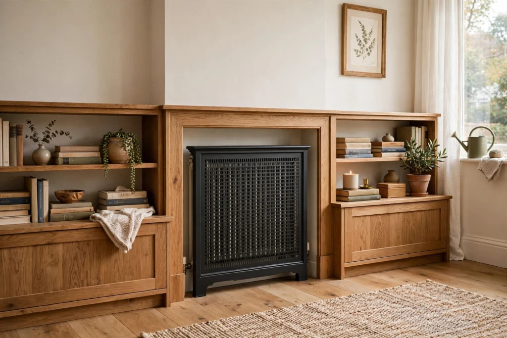 Low bookcase built around a radiator with vented central bay