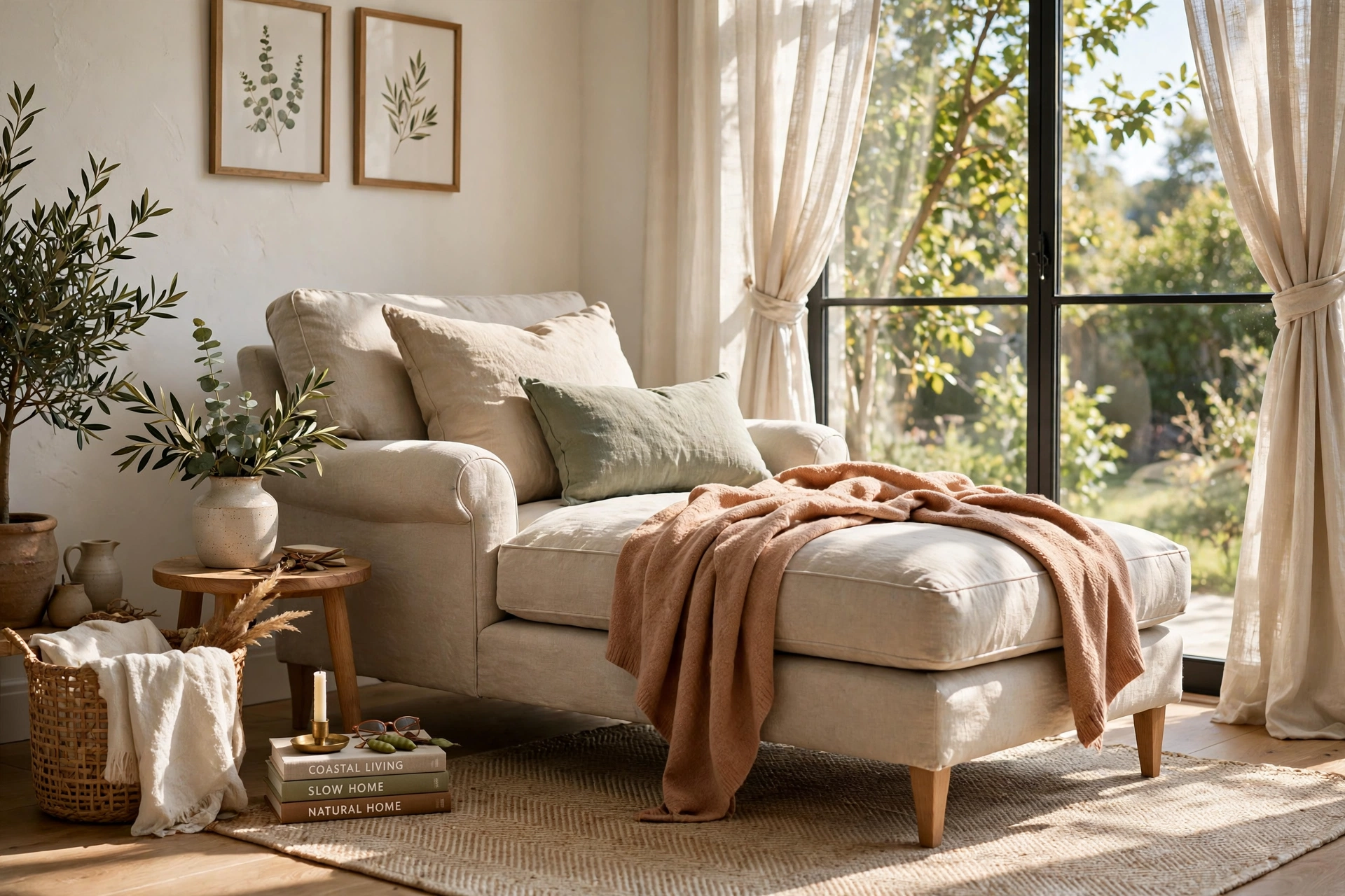 Linen chaise lounge positioned beside a sunlit living room window