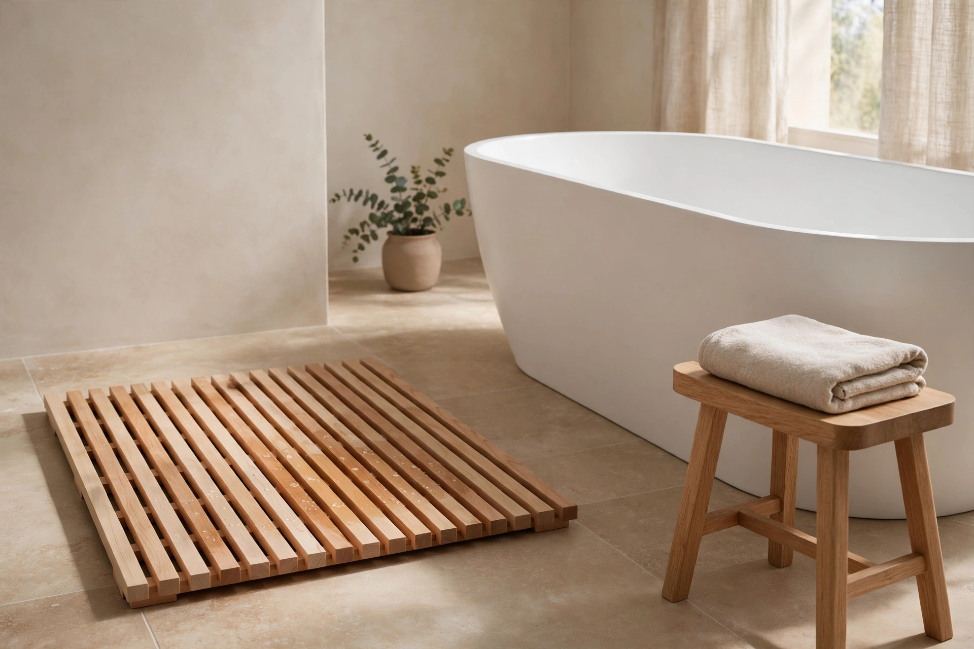 Slatted hinoki wood bath mat beside a white soaking tub