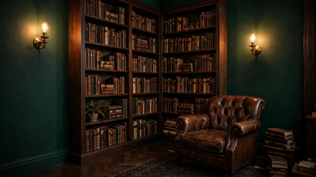 Home office corner painted deep forest green with bookshelves and brass sconces