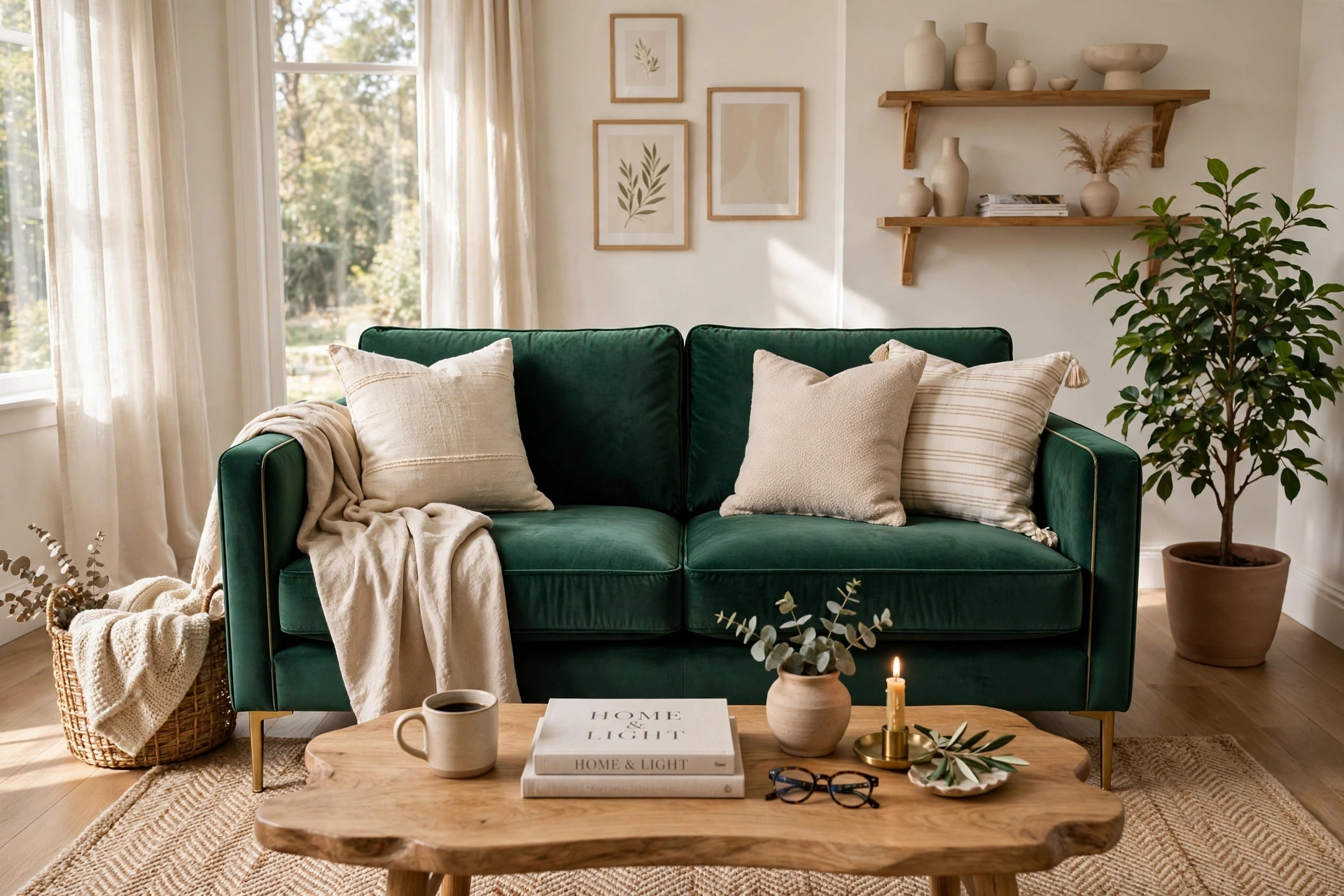 Emerald velvet loveseat adding rich color to a neutral living room