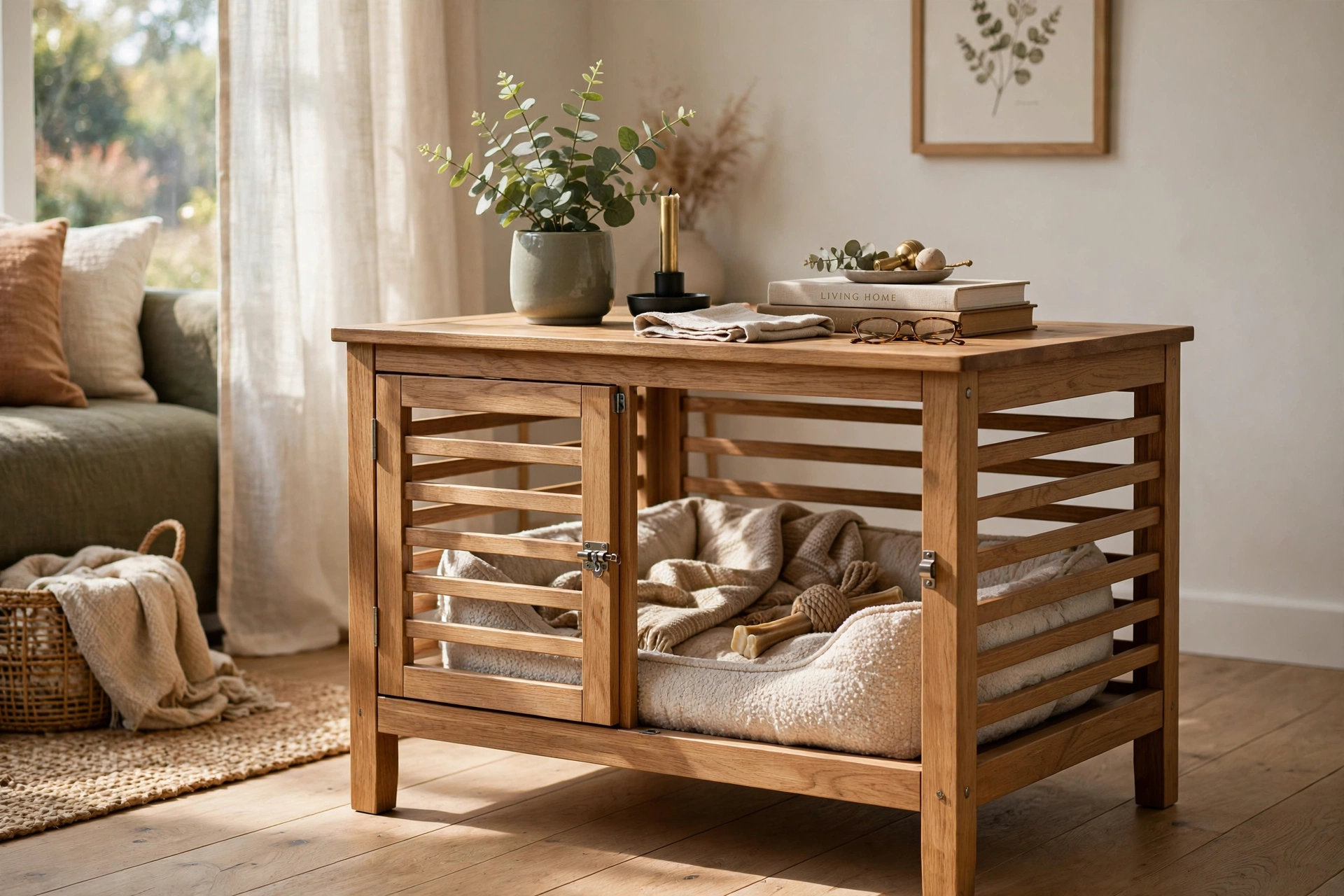 Wooden furniture-style dog crate doubling as a living room side table