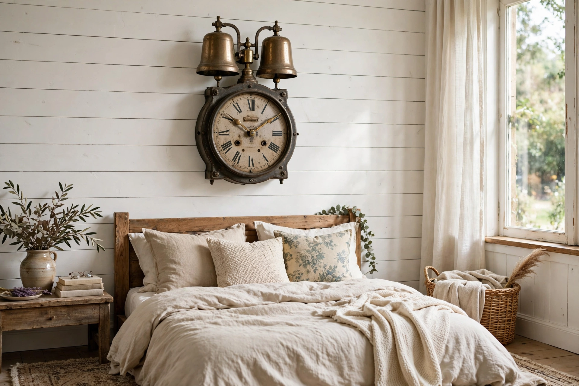 Vintage twin-bell style wall clock with metal bells in a farmhouse bedroom