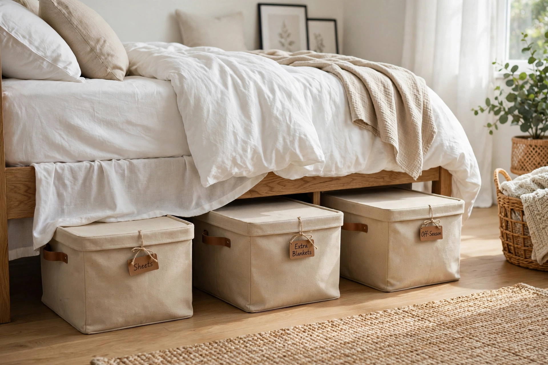 Lidded canvas fabric bins sliding under a bed with a white bed skirt