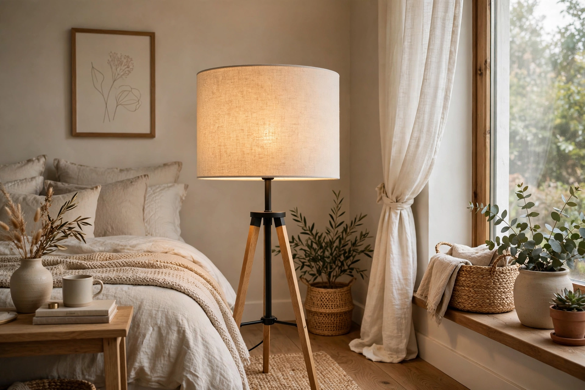 Fabric drum shade floor lamp diffusing warm light in a neutral bedroom