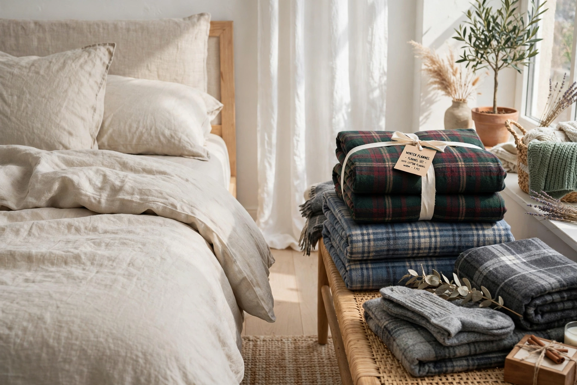 Summer linen bedding swapped beside folded winter flannel bedding sets